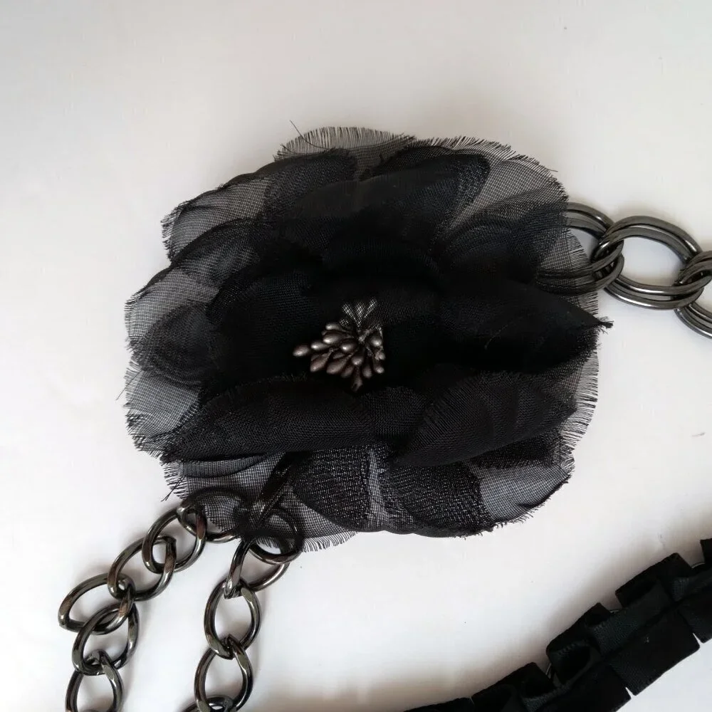 Black Dahlia Flower Taffeta Ruffle Over Gunmetal Chain Bead Belt